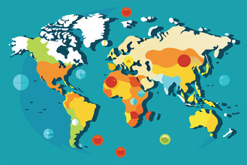 Poster - a colorful world map highlighting geographical features and climate zones across continents, emphasi