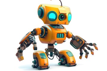 Poster - A robotic figure with orange body and green eyes standing in front of a clean white surface