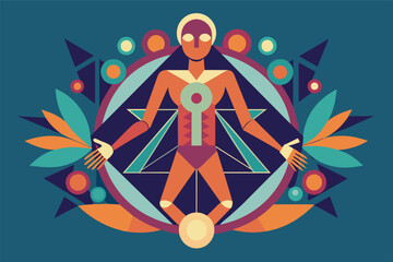 Poster - A colorful geometric design featuring a human figure with outstretched arms, surrounded by vibrant shapes and patterns, evoking a sense of balance and harmony