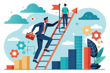 A business professional climbs a ladder toward success while guiding an aspiring individual in a vibrant, inspiring environment filled with growth icons