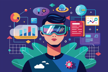 Poster - A young person wearing virtual reality goggles is immersed in a digital environment filled with data visuals, charts, and futuristic graphics, reflecting innovation and technology