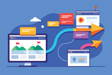 Poster - Colorful digital landscape with website mockups showcasing user interface design elements, plants, and natural scenery in a creative workspace setting