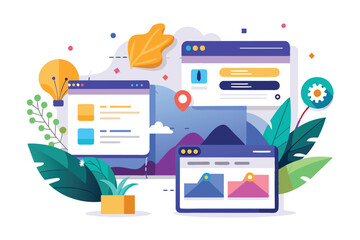 Poster - Colorful digital landscape with website mockups showcasing user interface design elements, plants, and natural scenery in a creative workspace setting