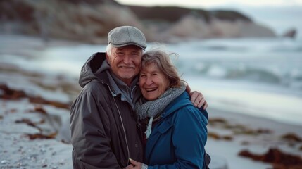 Wall Mural - A couple standing together on a beach beside the ocean, with calm waters and sun shining down