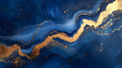 Canvas Print - Abstract Blue and Gold Swirling Paint with Golden Glitter