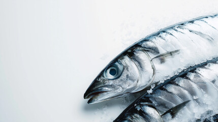 a fillet of mackerel with silvery skin and a sprinkle of herbs against an isolated white background