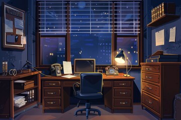 Poster - A desk with a computer and lamp in a typical office setting