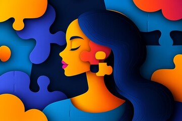 Poster - Brain stamina Synaptic network Colorful abstract illustration of a womans face with puzzle patterns symbolizing creative thought and the search for solutions