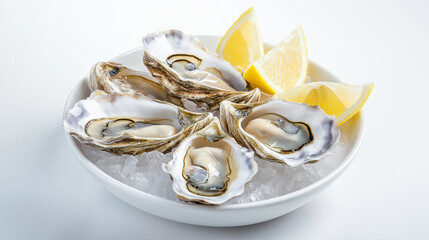 Wall Mural - a plate of oysters on a bed of ice with lemon wedges against an isolated white background