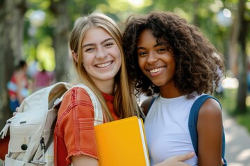 Wall Mural - Two young women stand side by side, with a connection and bond between them