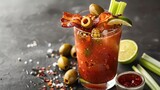 A glass of Bloody Mary cocktail with bacon, olives, and celery garnish