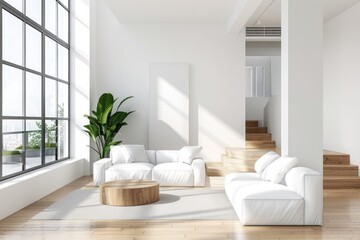 Poster - A cozy living room with white couches and a wooden coffee table, perfect for relaxing or entertaining