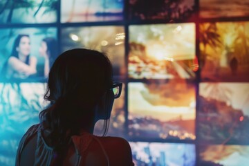 Poster - A woman looks at a wall of television screens showing news and broadcasts