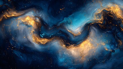 Canvas Print - Abstract Swirling Blue and Gold Paint with Glittering Texture