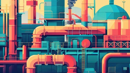 Vibrant Geometric Industrial Factory Illustration