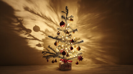 a small christmas tree decorated with handmade wooden ornaments and fairy lights against an isolated background