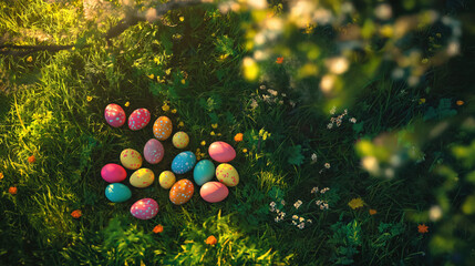 Wall Mural - Collection of colorful easter eggs laying in grass, background of trees and flowers blurred to highlight the natural feeling morning light 