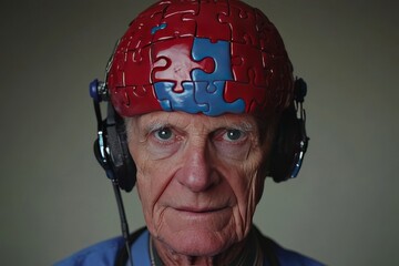 Sticker - Mental dynamism Prefrontal cortex Elderly man wearing a colorful puzzle piece hat symbolizing eccentricity individuality and mental resilience in the aging process