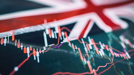 Poster - A close-up shot of a financial stock chart with a British flag in the background, suitable for business or economic themed designs