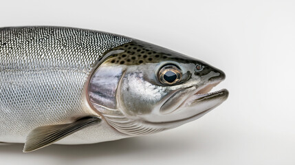 a whole trout with silvery scales and clear eyes against an isolated white background