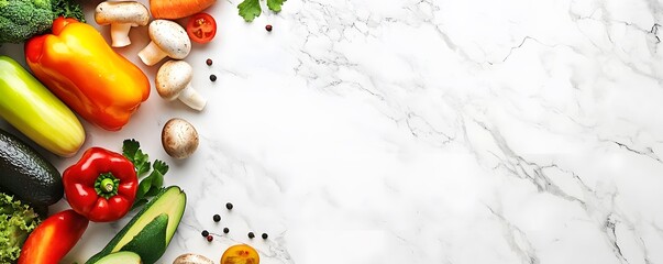 Fresh Vegetables and Spices on a White Marble Background