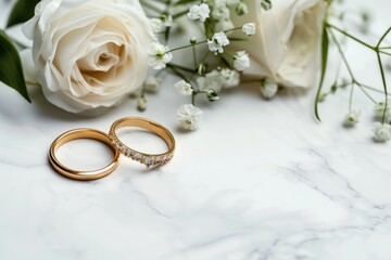 Wall Mural - Two wedding rings and a bouquet of flowers