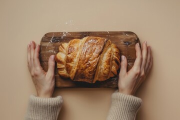 A person holds a wooden cutting board with a delicious pastry on it