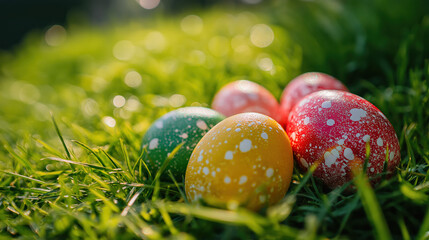 Wall Mural - Collection of colorful easter eggs laying in grass, background of trees and flowers blurred to highlight the natural feeling morning light 