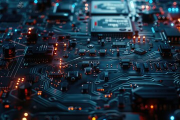 Poster - close-up shot of a circuit board with numerous lights, suitable for tech-related illustrations and i
