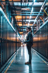 Poster - Man working on laptop in a server room