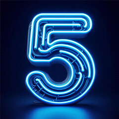 Wall Mural - 3d blue neon number 5 isolated on white background