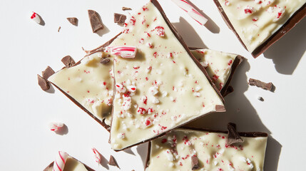 Wall Mural - peppermint bark with a layer of dark and white chocolate topped with crushed candy canes against an isolated white background