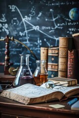 Poster - a study table filled with books and a glass flask, perfect for a quiet evening or late-night studyin