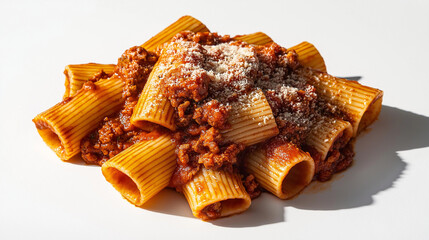 rigatoni with beef ragu with a rich tomato-based meat sauce and grated parmesan against an isolated white background