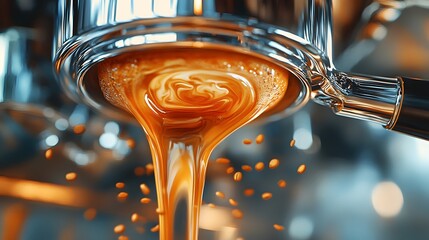 Wall Mural - Close-up of Espresso Pouring from a Coffee Machine with Coffee Beans in the Background