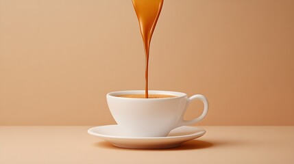 Wall Mural - Coffee Pouring into a White Cup on a Beige Background