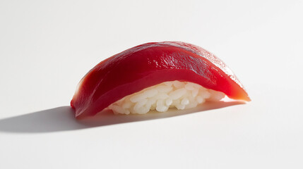 sushi nigiri with tuna with a glossy, deep red slice of fish on rice against an isolated white background