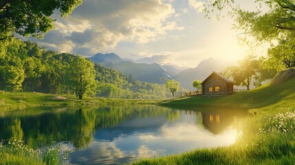 Serene lush summer landscape featuring a peaceful lake and a sunlit cabin surrounded by vibrant greenery. The tranquil scene captures the essence of nature's beauty with clear reflections on the water