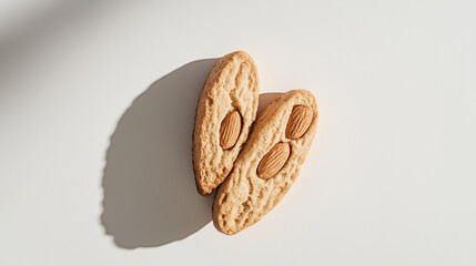 two biscotti with visible almonds and a crunchy texture against an isolated white background