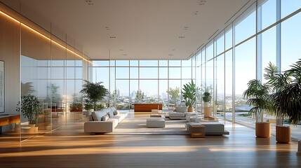 Wall Mural - Modern, spacious living room with large windows and plants, offering city views.