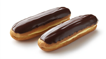 two eclair with glossy chocolate glaze and creamy filling visible at the ends against an isolated white background