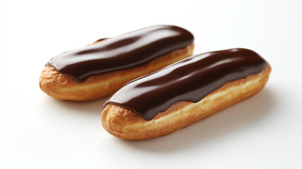 Wall Mural - two eclair with glossy chocolate glaze and creamy filling visible at the ends against an isolated white background