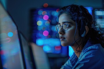 Poster - A person sitting at a desk with a computer and working on the screen