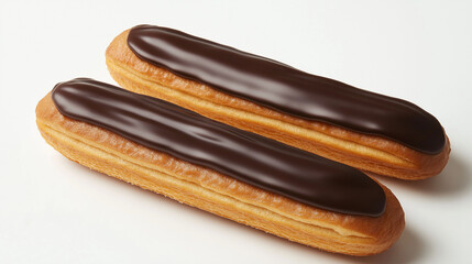 Wall Mural - two eclair with glossy chocolate glaze and creamy filling visible at the ends against an isolated white background