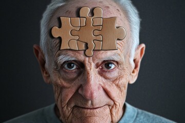 Poster - Neurodegeneration Brain agility Elderly man with a large puzzle piece on his forehead symbolizing cognitive decline and the challenges of memory retention