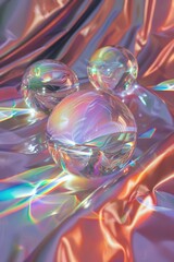 Poster - Group of crystal spheres resting on a reflective surface, ideal for use in abstract or futuristic designs