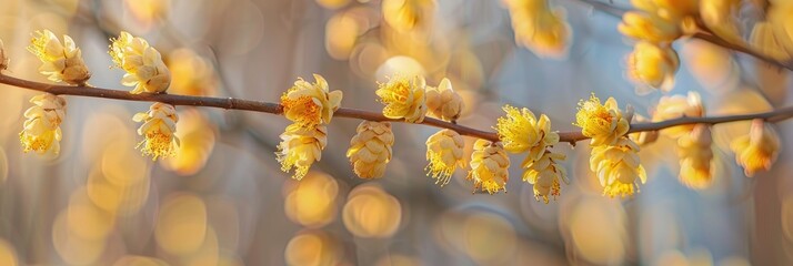 Canvas Print - Blooming Yellow Corylopsis pauciflora, commonly referred to as buttercup witch hazel or winter hazel.