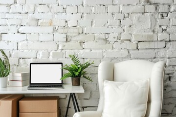 Poster - A person's laptop sits on top of a white chair, ready for use
