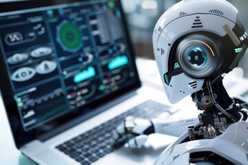 Poster - A robot sitting in front of a laptop with a screen showing code or programming