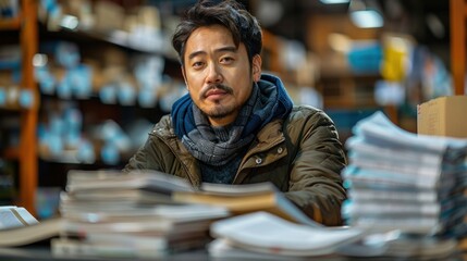 A man sits at a desk with a pile of books in front of him